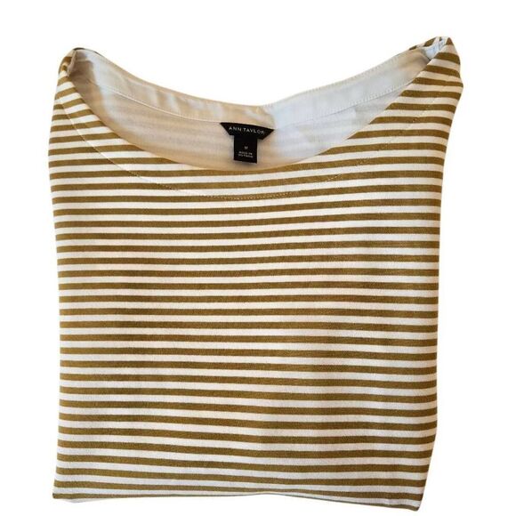 Ann Taylor Women's Structured Gold White Stripe Short Sleeve T-Shirt Medium - Picture 6 of 11